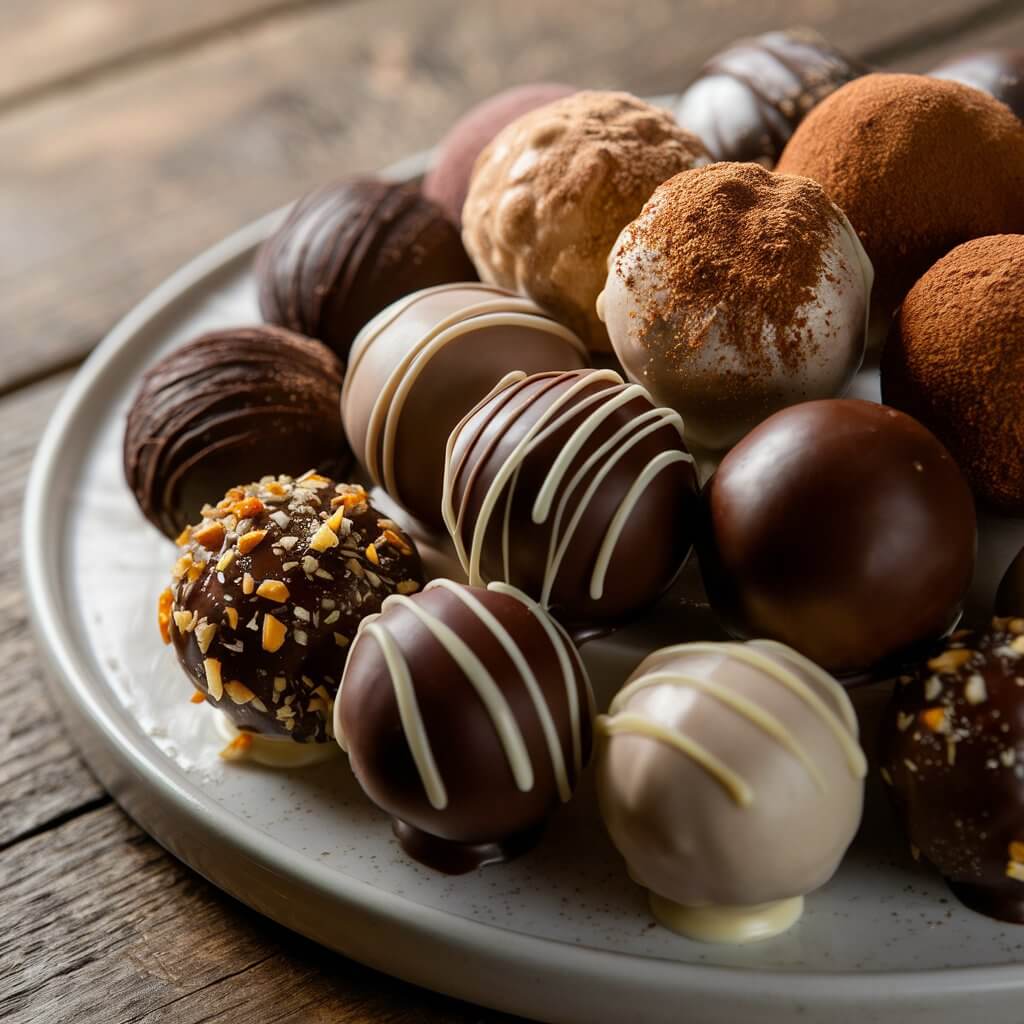 A close-up image of a selection of chocolate truffles meticulously arranged on a round white plate. The truffles vary in shape and size, showcasing a mix of spherical and slightly irregular forms. Each truffle is coated in different toppings, including dark chocolate, powdered cocoa, finely chopped nuts, and delicate drizzles of white and milk chocolate. The truffles have a glossy finish, reflecting light and highlighting their smooth and rich textures. The plate rests on a rustic wooden table, with a soft focus on the background to emphasize the intricate details of the truffles.