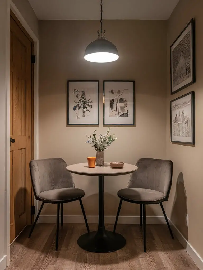 A small circular table with two stylish chairs and a pendant light overhead, creating a cozy dining spot.