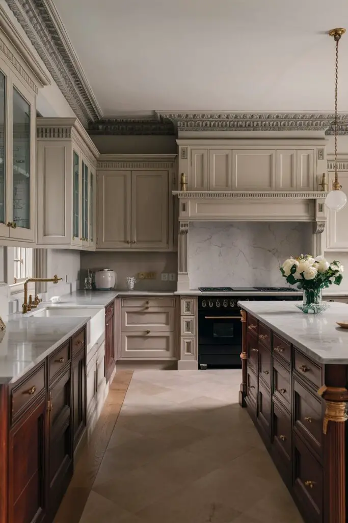 A Classic Georgian kitchen exudes timeless elegance and sophistication. The room is a harmonious blend of symmetry and intricate details, inviting a sense of historical charm. The color palette is muted, featuring soft, neutral tones like cream, taupe, and gentle greys that create a calm and refined atmosphere.

The cabinetry, crafted from rich mahogany, displays intricate moldings and raised panel doors, each detail meticulously carved to enhance the room’s classic appeal. Some cabinets feature glass fronts, showcasing elegant dishware and adding depth to the space. The grand kitchen island stands as the centerpiece, also made of mahogany with detailed moldings, providing both functionality and a focal point for the room.

The countertops are made of pristine white marble with subtle veining, adding a touch of luxury and complementing the muted color scheme. Brass hardware, including handles and knobs, gleams softly against the rich wood and marble, offering a warm, antique feel that ties the entire look together.

Above the island, a pair of vintage-style brass chandeliers hang, their delicate curves and intricate details casting a warm glow over the workspace. The floor is covered in polished hardwood, matching the cabinetry and contributing to the cohesive, elegant design.

On one side of the kitchen, a large window with classic shutters allows natural light to flood the space, highlighting the craftsmanship of the moldings and the sheen of the brass fixtures. Adjacent to the window, a built-in mahogany bench with plush, muted cushions offers a cozy seating area, perfect for casual dining or a quiet moment with a cup of tea.

Overall, this Classic Georgian kitchen embodies a refined, historical aesthetic with its rich woods, detailed moldings, brass accents, and luxurious marble surfaces, creating an inviting space that is both functional and breathtakingly beautiful.