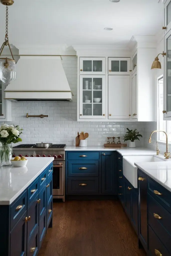 A pristine kitchen showcasing the classic white and blue color combination. The navy blue cabinets are complemented by white marble countertops and a white subway tile backsplash, accented with brass hardware for a touch of elegance.