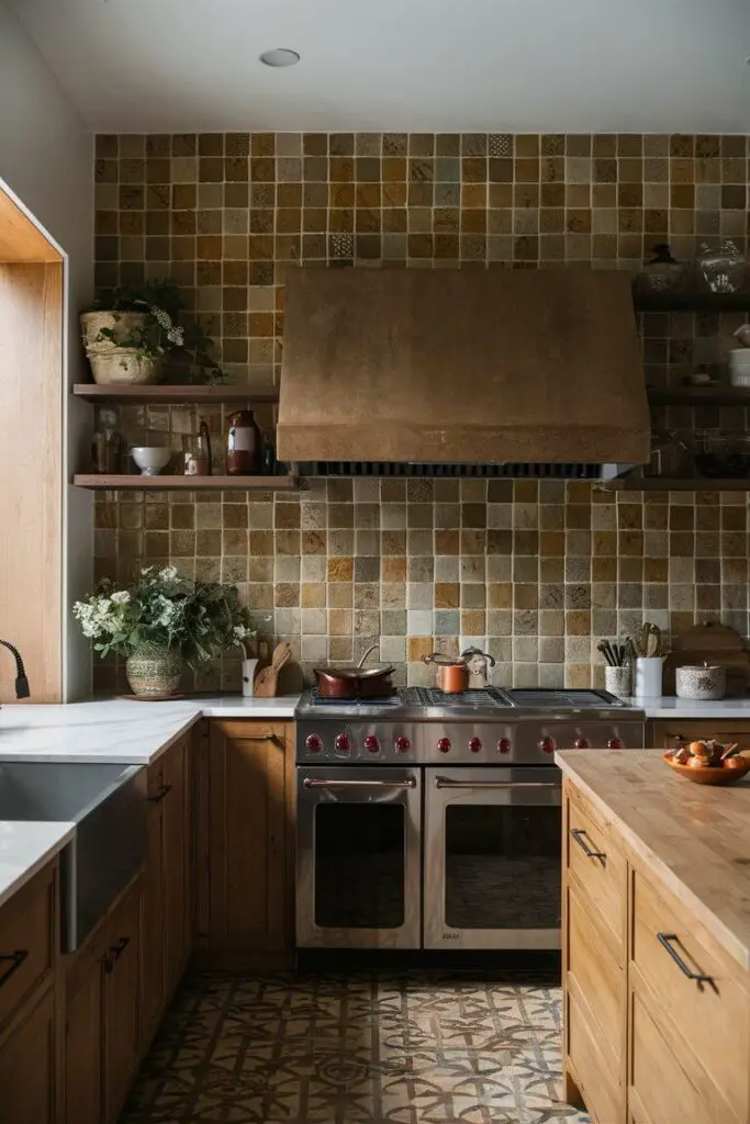 An earthy kitchen with a clay or ceramic tile backsplash in earthy tones. The handcrafted tiles add depth and interest, creating a rustic yet practical backdrop for the kitchen.