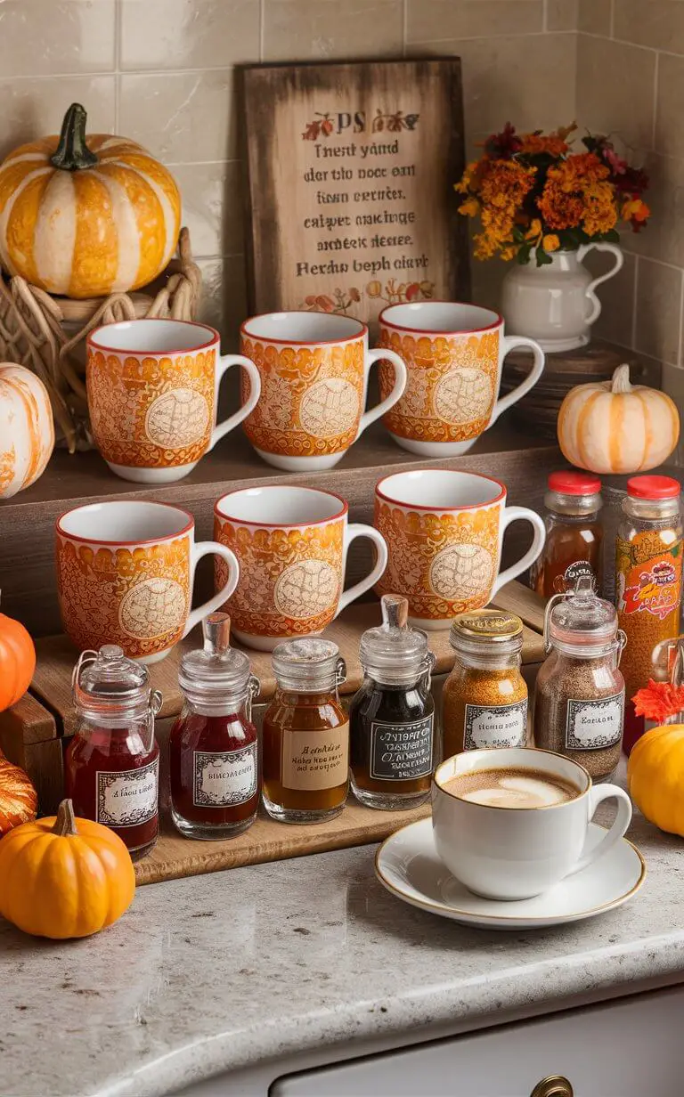 A charming and inviting fall-themed coffee station adorns the kitchen countertop. A collection of seasonal mugs featuring intricate autumnal designs, each with a warm hue, are arranged neatly. A variety of flavored syrups and spices, such as cinnamon, nutmeg, and pumpkin pie, are displayed in small glass bottles and jars, each with their own distinct label. Decorative mini pumpkins and a rustic fall sign with a warm, heartfelt message add to the cozy atmosphere. A steaming cup of coffee, a symbol of comfort, rests on the station, completing the enchanting scene.