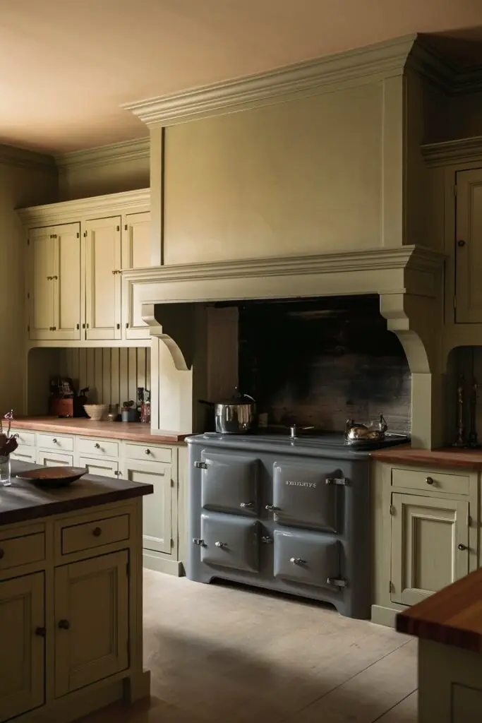 A warm and inviting Colonial Revival kitchen features shaker-style cabinets painted in soft, muted tones. The room exudes a sense of comfort and nostalgia, with the large hearth acting as the central focus. The traditional Aga cooker adds an element of charm while the wooden countertops and brass hardware showcase early American craftsmanship. The overall atmosphere is cozy and timeless, perfect for creating delicious meals and gathering with loved ones.