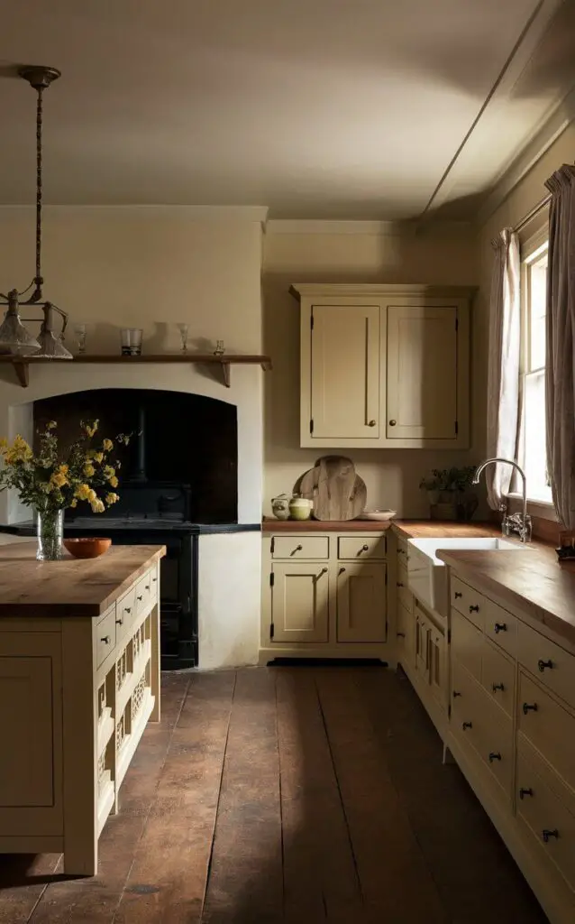 A realistic image of a Colonial Williamsburg kitchen with shaker-style cabinetry and wooden countertops. Traditional hardware and a large hearth or wood-burning stove add to the historical ambiance. Soft, muted tones and simple designs create a warm, inviting space.