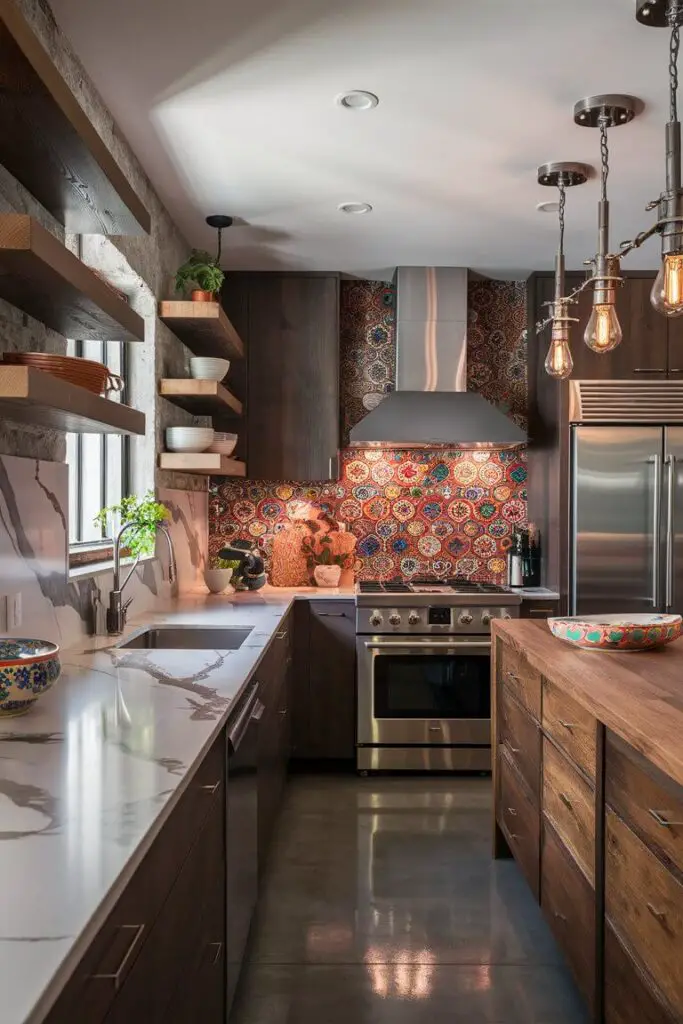 This image depicts a vibrant and eclectic kitchen masterfully blending various textures and materials to create a visually stimulating space. The room features smooth marble countertops with white and gray veining, providing a sleek surface for cooking. Rough wooden shelves mounted on the walls add warmth and rustic charm. Shiny metal accents like stainless steel appliances enhance the contemporary feel. A colorful, patterned backsplash serves as a focal point with vibrant hues. Industrial-style pendant lights with exposed bulbs and metal fixtures cast a warm glow. A small potted plant adds freshness, and colorful ceramic bowls and mugs showcase the homeowner's style. Polished concrete tiles provide a practical foundation.