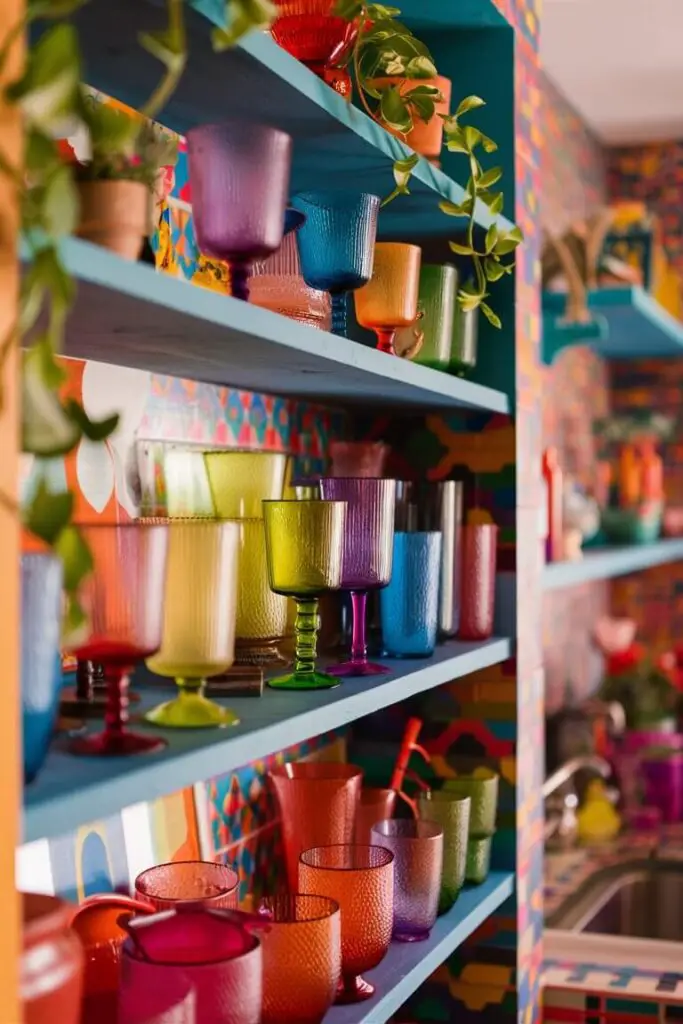 A vivid and charming close-up of a colorful eclectic kitchen, featuring open shelves filled with an assortment of colorful glassware. The glassware comes in various sizes and styles, each piece adding a splash of vibrant color and a touch of practicality to the kitchen's decor. The shelves are adorned with plants and small decorative items, creating a cozy and inviting atmosphere. The background reveals more of the kitchen, with its unique mix of patterns and textures, further enhancing the eclectic charm.