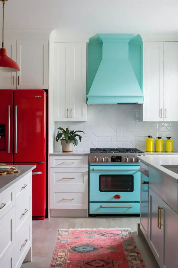 A vibrant and eclectic kitchen design captures attention with its bold color choices. The focal points are a striking red refrigerator and a cool turquoise oven, both standing out against pristine white cabinets. The red fridge adds a punch of color, while the turquoise oven and range hood create a refreshing and cohesive look. Crisp white cabinets offer a clean contrast, and light gray countertops provide a neutral workspace. A potted plant and bright yellow canisters add colorful accents, enhancing the kitchen's eclectic vibe. The light wood floor and a colorful rug bring warmth and stylish comfort, making this space a perfect blend of function and fashion.