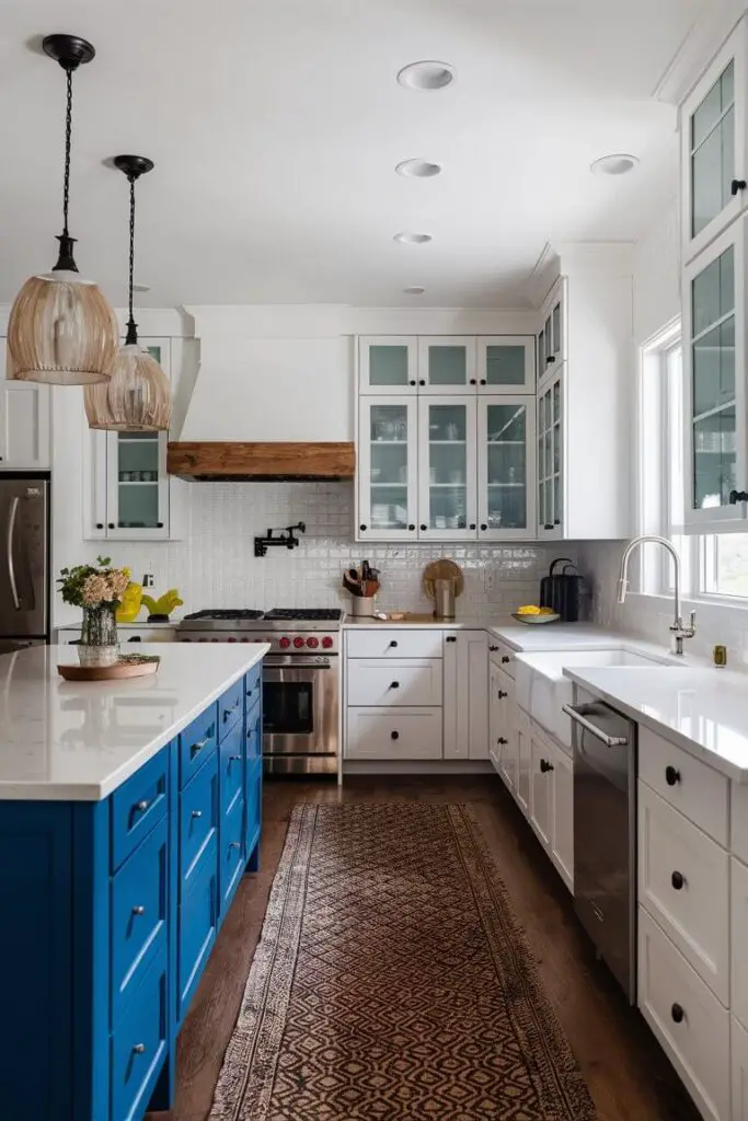 A kitchen with bright blue quartz countertops paired with white cabinets. The countertops serve as a stunning focal point, illustrating how Colorful Eclectic Kitchen Ideas can make a bold statement.