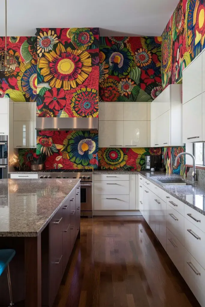 The kitchen exudes a vibrant and eclectic charm, dominated by a striking accent wall adorned with a bold, colorful wallpaper. The wallpaper features a vivid floral pattern, with large, intricate flowers in a myriad of hues, including rich reds, bright yellows, deep blues, and lush greens. This artistic backdrop adds a sense of depth and dynamism to the space, transforming the kitchen into a lively and visually stimulating area.

The rest of the kitchen is designed to complement the statement wallpaper. The cabinets are a sleek, glossy white, providing a clean and modern contrast to the colorful accent wall. The countertops are made of polished granite, their smooth, reflective surface catching the light and adding a touch of sophistication. A central island stands prominently, topped with the same granite material and offering both additional workspace and a casual dining area.

The island is accompanied by a set of high stools with vibrant, mismatched cushions, each echoing one of the colors found in the wallpaper. This playful touch enhances the eclectic feel of the kitchen. Above the island, pendant lights with vintage-inspired, multi-colored glass shades hang, casting a warm and inviting glow over the space.

To the side, there is a stainless steel refrigerator and a matching range, their sleek surfaces reflecting the colors of the wallpaper. Open shelving units are installed on either side of the accent wall, displaying an array of eclectic dishware and decorative items that further emphasize the room's artistic and colorful theme. The shelves hold everything from hand-painted plates to quirky figurines, adding personality and charm.

The floor is covered with a classic black-and-white checkerboard tile pattern, grounding the vibrant space with a touch of retro style. The combination of modern elements, vintage accents, and bold colors creates a harmonious and visually appealing kitchen that is both functional and full of character. This eclectic design showcases how a colorful, patterned wallpaper can serve