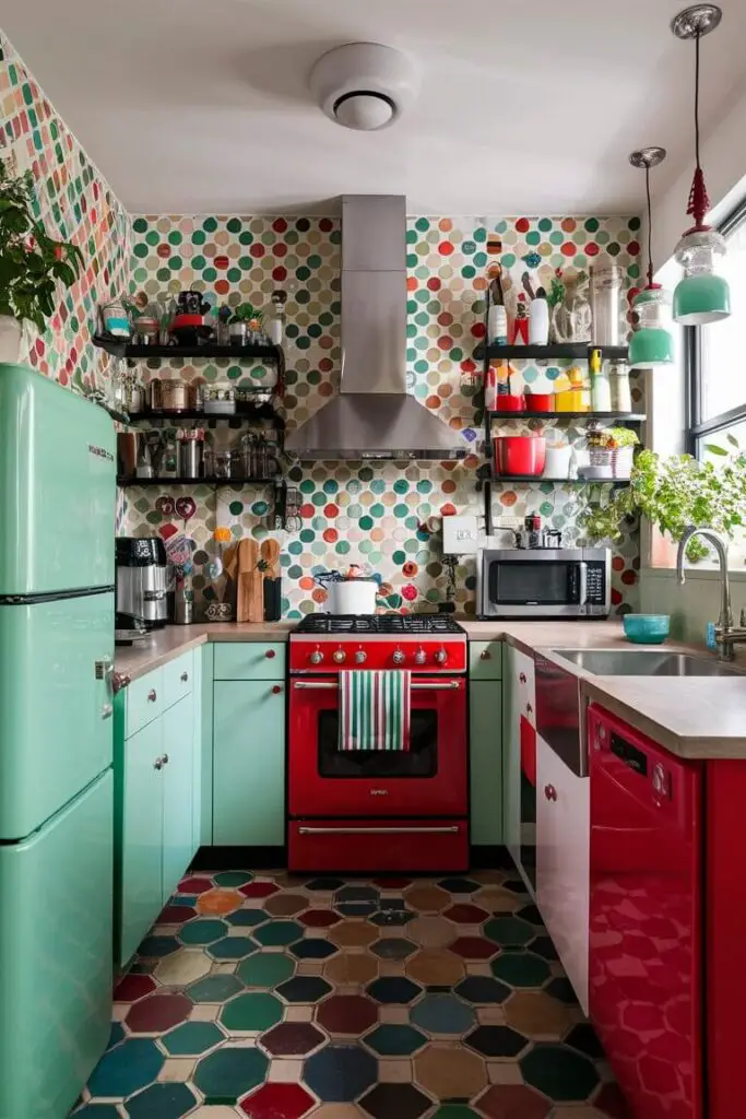 close-up shot of A Colorful Eclectic Kitchen incorporating retro-style appliances in fun colors like mint green and cherry red, bringing a nostalgic yet vibrant feel to the space.