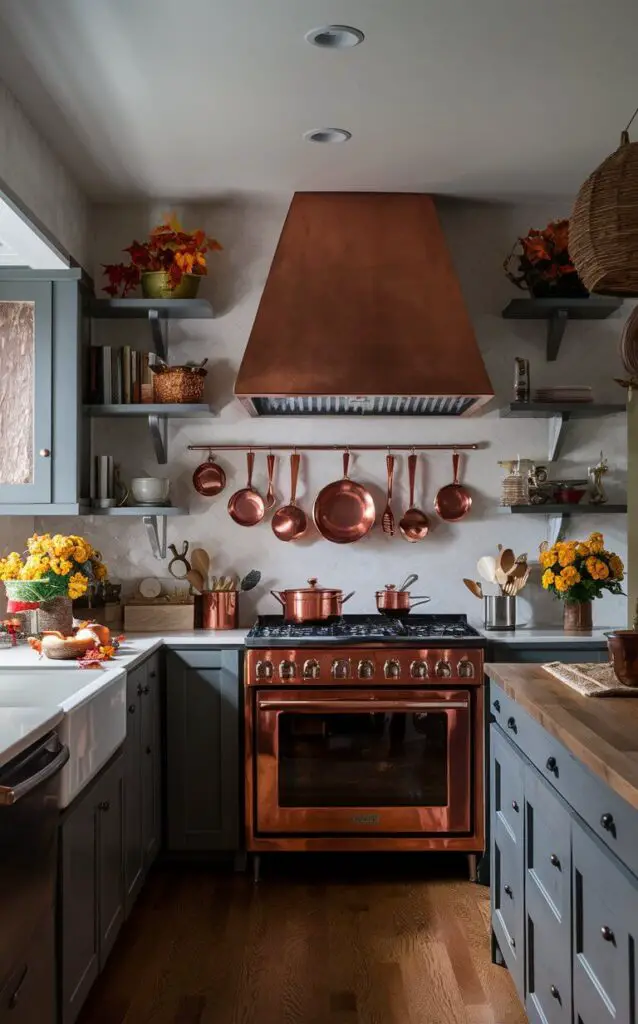 Copper pots, pans, and utensils displayed in the kitchen. The rich color of these copper accents pairs beautifully with autumnal decor, adding warmth to the fall decor.