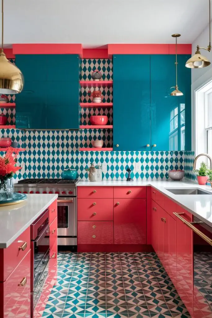 In the photograph, a vibrant kitchen exudes energy and charm with its dynamic coral and teal color scheme. The focal point of the kitchen is the striking teal cabinets, which extend from the floor to the ceiling, providing a sleek and modern backdrop. The cabinets have a glossy finish, reflecting light and adding depth to the space. Brass handles and knobs on the cabinets introduce a touch of elegance, contrasting beautifully with the bold teal.

The countertops are a pristine white quartz, offering a clean and fresh surface that balances the vibrant colors. Above the countertops, a backsplash of teal and white geometric tiles creates a visually appealing pattern, tying in perfectly with the cabinets. Open shelving made of warm wood is interspersed among the cabinets, displaying a variety of coral-accented decor items, such as vases, bowls, and small potted plants.

In the center of the kitchen, a spacious island features the same white quartz countertop and teal base as the surrounding cabinets. Coral bar stools with sleek metal legs are neatly lined up along one side of the island, inviting guests to sit and enjoy the lively atmosphere. The bar stools have plush cushions upholstered in a rich coral fabric, adding comfort and a pop of color.

Above the island, pendant lights with clear glass shades and brass fixtures hang elegantly, providing ample lighting and a touch of sophistication. The lights cast a warm glow, enhancing the cozy yet energetic feel of the kitchen.

On the opposite wall, large windows allow natural light to flood the space, making the colors even more vibrant. The windows are adorned with sheer white curtains that flutter gently, adding a sense of airiness to the room.

Additional coral accents are thoughtfully placed throughout the kitchen, including a coral-colored fruit bowl on the countertop, coral dish towels hanging from a rack, and a few pieces of coral-hued artwork on the walls. The floor is a light, natural wood that grounds the space and complements the overall color palette.

Over