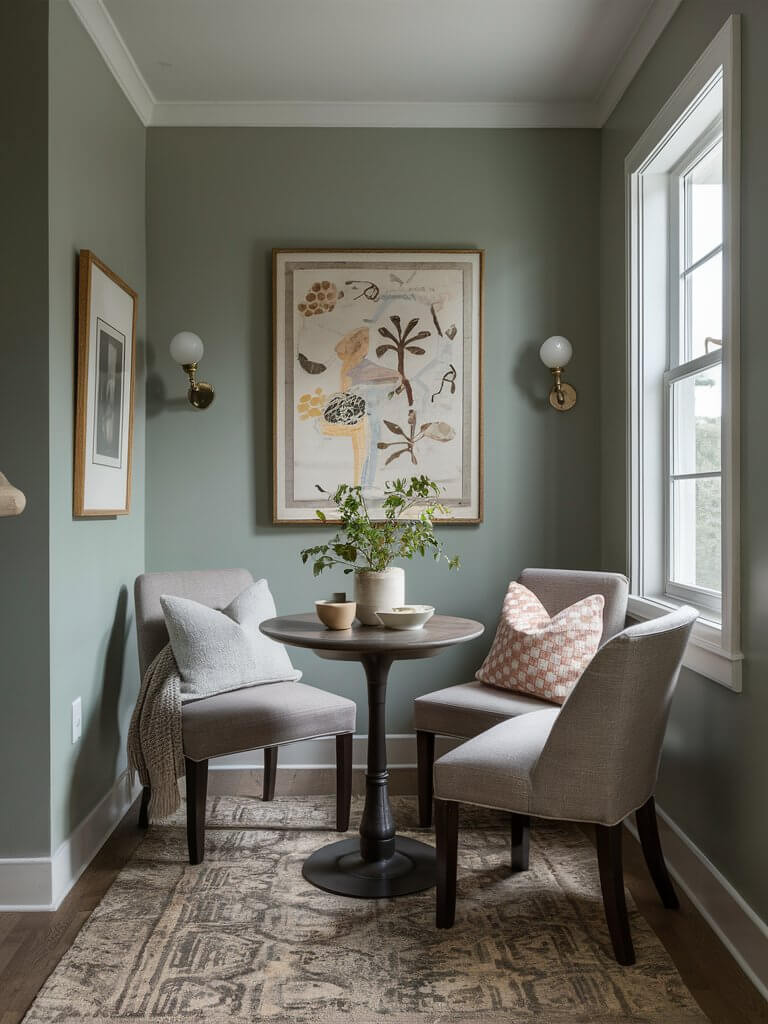 A small round table with two upholstered chairs in a corner, adorned with cushions and a soft throw.