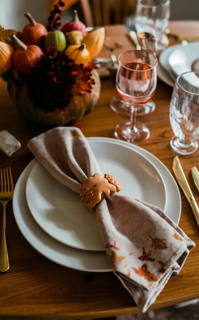 A dining table featuring cozy fabric napkins in fall colors and patterns as part of the decor. Cotton or linen napkins are paired with napkin rings adorned with autumn motifs like leaves or acorns.