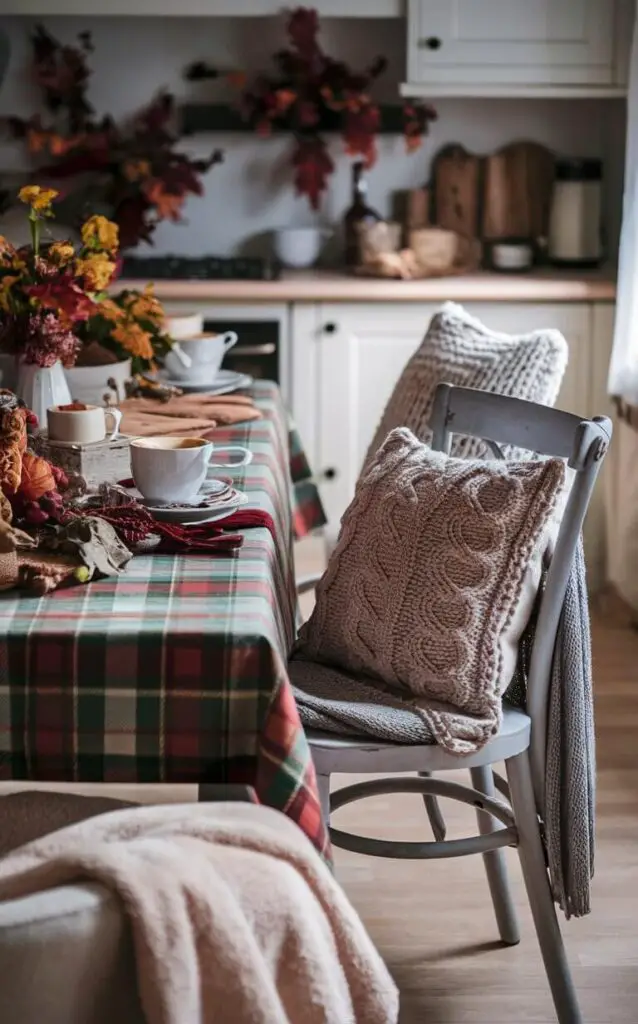 A cozy and inviting kitchen adorned with plaid tablecloths, knitted chair cushions, and warm throws. The plaid tablecloth features a rich palette of autumnal colors, while the knitted chair cushions add a touch of texture and warmth. A soft, plush throw is draped across a nearby chair, inviting relaxation. The overall atmosphere of the room is comforting and perfect for enjoying the fall season, as the seasonal decorations accentuate the cozy ambiance.