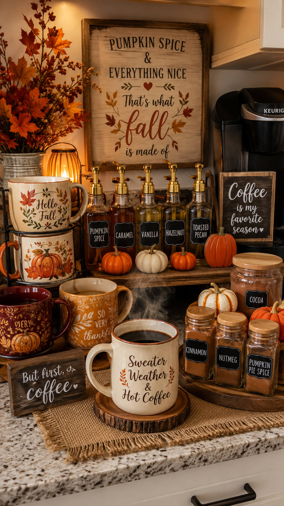 Cozy autumn coffee station vignette