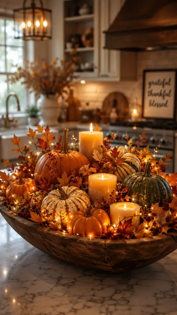 Cozy autumn kitchen with pumpkins and lights
