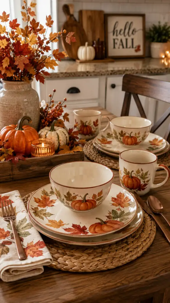 Cozy autumn table setting with pumpkins