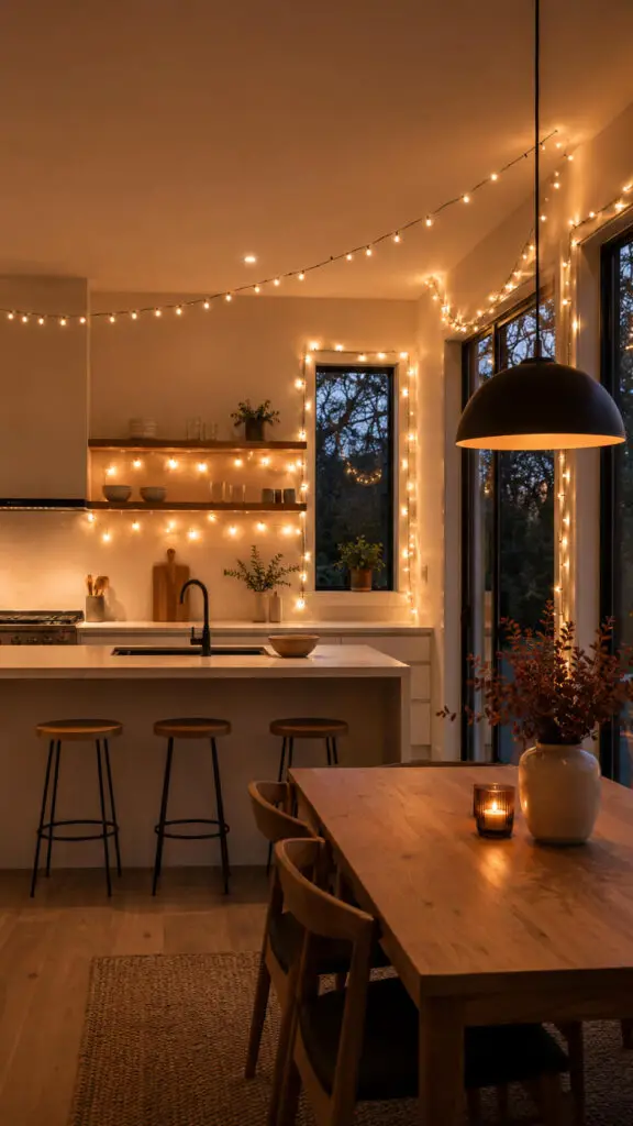 Cozy modern kitchen at dusk