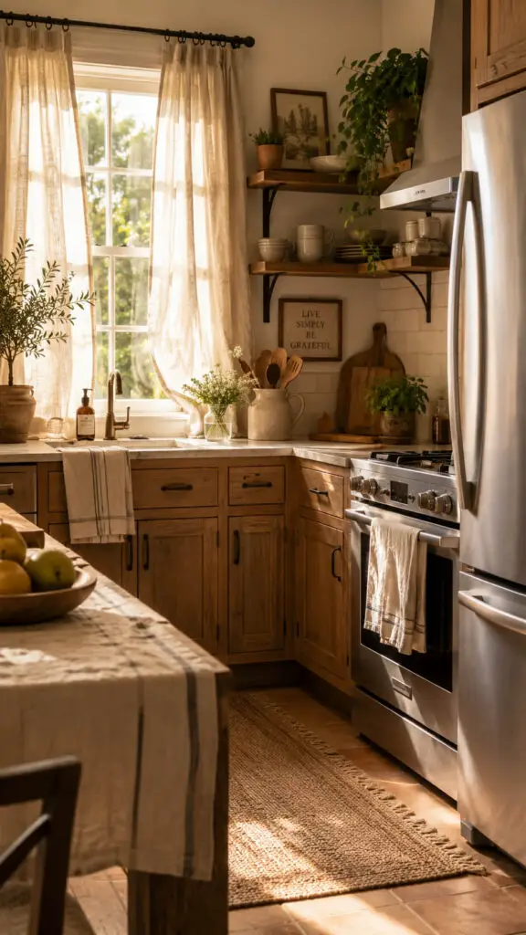 Cozy rustic farmhouse kitchen with sunlight