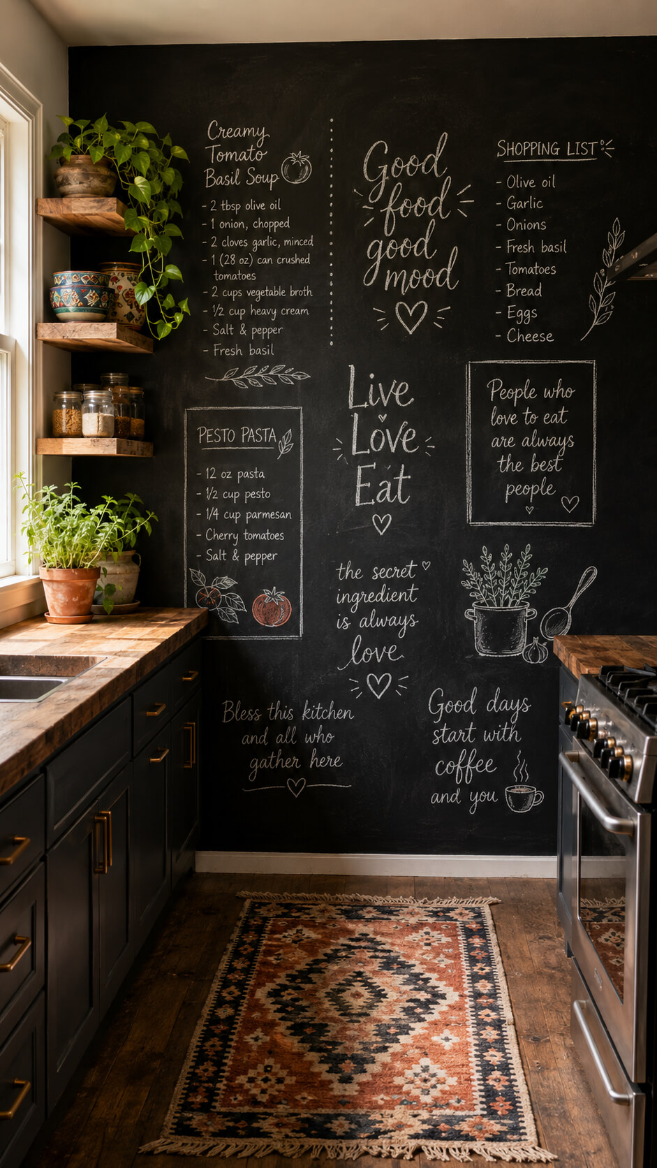 Cozy rustic kitchen with chalkboard wall