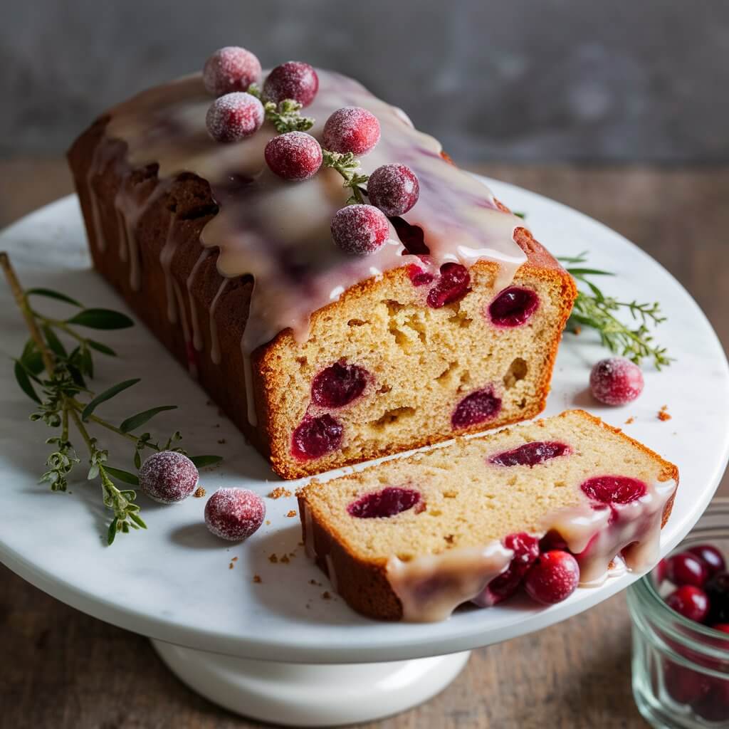 The image shows a loaf cake with cranberries and a glaze icing on top, placed on a white cake stand. The loaf is partially sliced, revealing the soft, moist interior studded with cranberries. Sugared cranberries and sprigs of greenery are scattered around the cake for decoration. A glass jar of cranberries is visible in the background.