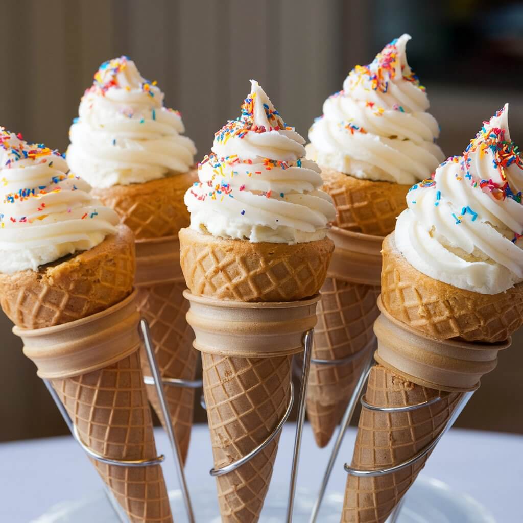 Cupcakes baked in ice cream cones, topped with swirls of frosting and sprinkles. The cones are displayed upright, looking whimsical and fun, perfect for adding a playful touch to the birthday celebration.