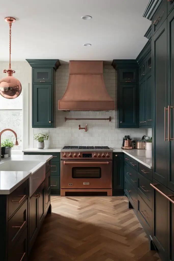 An elegant kitchen featuring a dark green and copper color combination. Dark green cabinetry is accented with copper hardware and fixtures, paired with white countertops and a copper range hood for a sophisticated look.