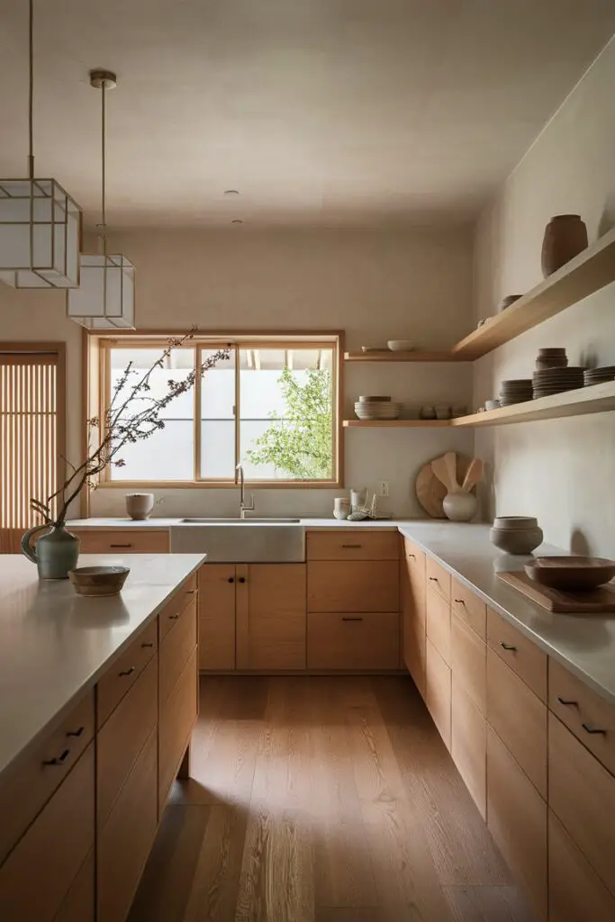 A serene and minimalist Japandi kitchen design exudes tranquility. The spacious room is filled with natural light, highlighting the clean, neutral-toned walls and wooden flooring. The pristine countertops showcase a seamless design with a sleek, matte finish, harmonizing with the warm wooden cabinetry and shelves.

Essential items are carefully arranged for aesthetic beauty: a single sprig of cherry blossoms in a ceramic vase, neatly stacked ceramic bowls, and well-chosen utensils with subtle earthy colors. The integrated kitchen sink blends into the countertop, enhancing the minimalist aesthetic. A window above the sink offers a glimpse of outdoor greenery, connecting the space with nature.

Ambient lighting, with simple, geometric pendant lights, adds a warm glow, complementing the natural light while maintaining