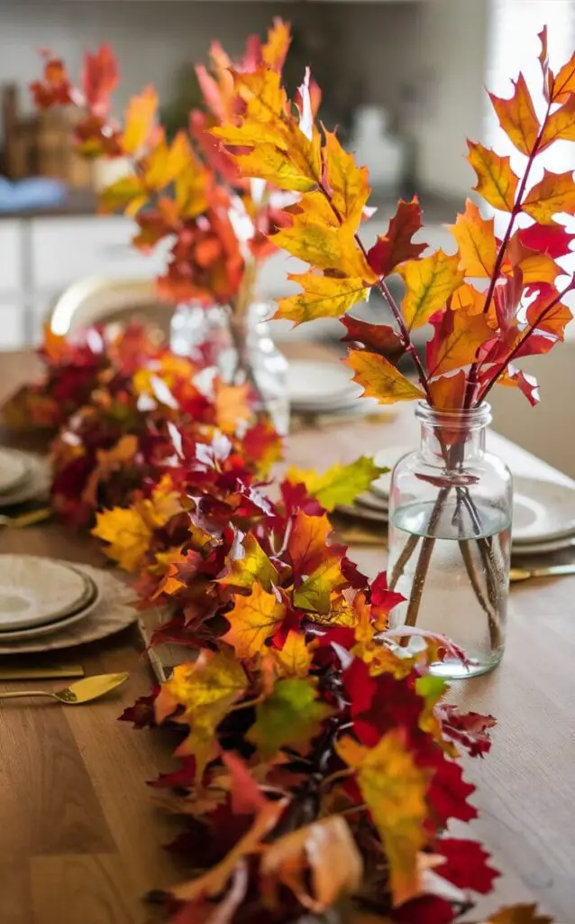 A delightful autumnal scene showcasing a kitchen table adorned with vibrant fall leaves. The colorful foliage is artfully arranged in garlands and clear vases, creating a harmonious blend of nature and indoor elegance. The warm, earthy tones of the leaves are complemented by the cozy ambiance of the table setting, evoking the serene beauty of the autumn season.