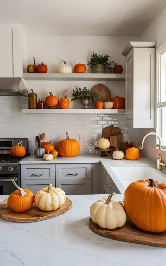 Various sizes and colors of two pumpkins arranged on countertops, shelves, and tables. These quintessential fall decor pieces instantly bring a festive and seasonal feel to the kitchen.