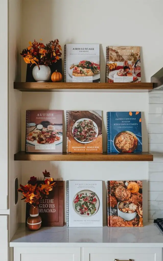 Seasonal cookbooks with autumn colors and themes showcased on kitchen shelves. These cookbooks serve as both culinary inspiration and decorative fall decor elements.