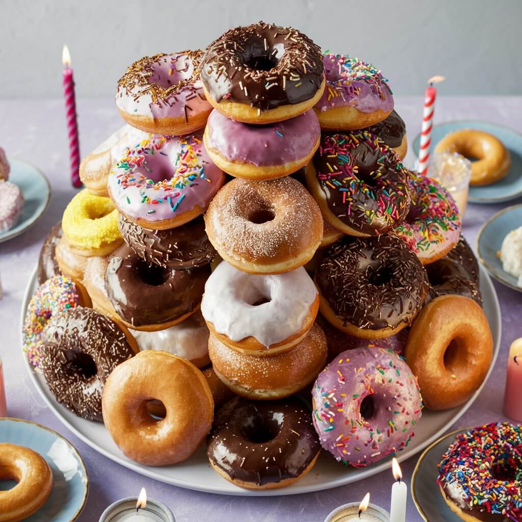 A mouthwatering, delectable scene of a towering stack of donuts, each one unique in flavor and topping. The assortment includes glazed donuts, chocolate-covered delights, and those adorned with colorful sprinkles. The donuts are arranged skillfully to form a visually appealing centerpiece, surrounded by candles and small plates. The overall atmosphere is celebratory and sweet, with a sense of joy and delight around the birthday festivities.