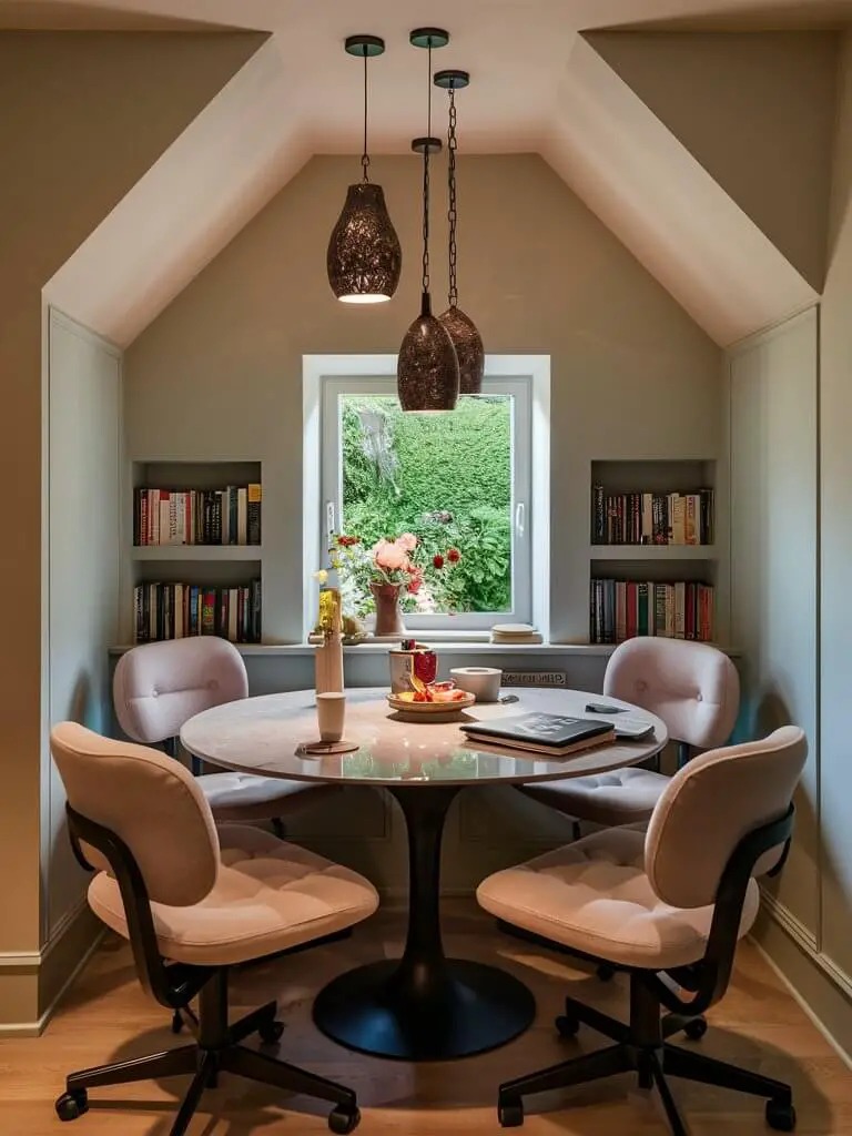 A cozy and stylish breakfast nook features a round table that beautifully doubles as a workspace. The table has a sleek marble top, surrounded by four plush, ergonomic chairs with soft pastel upholstery. A few decorative pendant lights hang above the table, casting a warm, inviting glow. The nook also features a built-in bookshelf with an assortment of books and a charming small window overlooking a lush green garden.