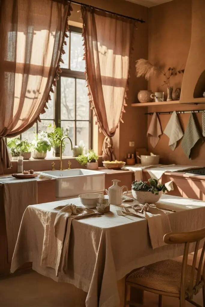 A warm and inviting earth-toned kitchen, showcasing the beauty of natural linen and cotton textiles. The curtains gently sway, allowing sunlight to filter in and illuminate the space. A beautifully set table is adorned with a soft linen tablecloth and matching dish towels, while a shelf displays various cotton textiles in muted hues. The overall atmosphere is cozy and comforting, with a sense of rustic charm and details that invite you to stay and enjoy the atmosphere.