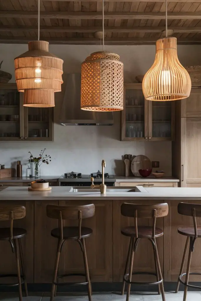 An earthy kitchen with pendant lighting made from natural materials like wood, rattan, and metal. The fixtures with organic shapes provide a warm, inviting glow to the space.