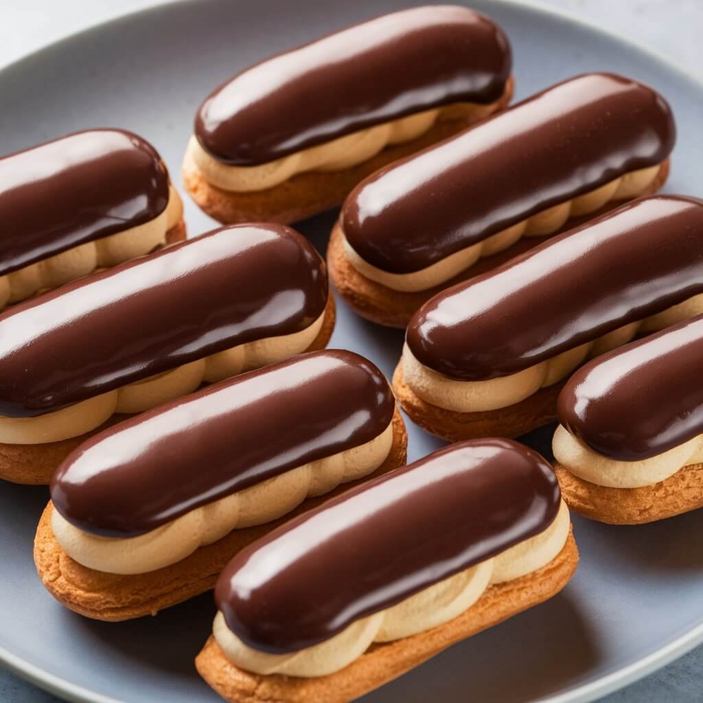 A plate of eclairs with shiny chocolate glaze on top and a creamy filling inside. The eclairs are arranged neatly, showing off their smooth, glossy tops and golden pastry.