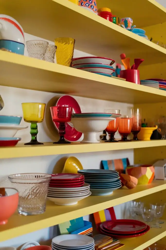 a close-up photograph of an Open shelving in a kitchen displaying colorful dishware, glassware, and decorative items. The shelves are painted a bright yellow, making the displayed items pop. This is a clear representation of Colorful Eclectic Kitchen Ideas for vibrant and personalized spaces.