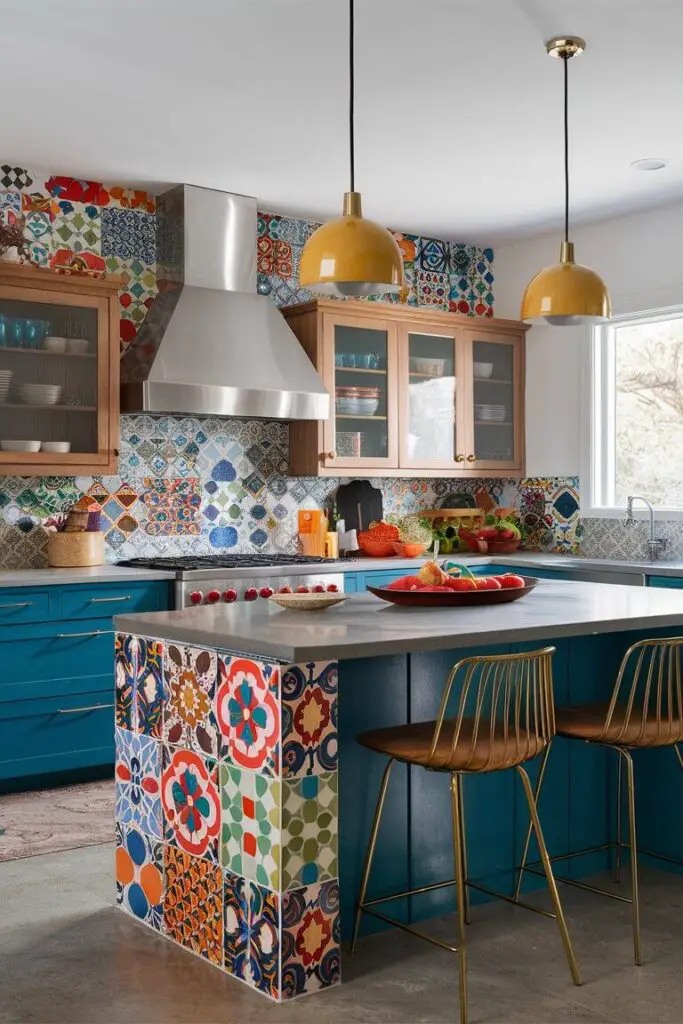 close-up shot of A Colorful Eclectic Kitchen with vibrant tile accents on the sides of the kitchen island and as a border around the countertop, mixing different shapes, colors, and patterns.