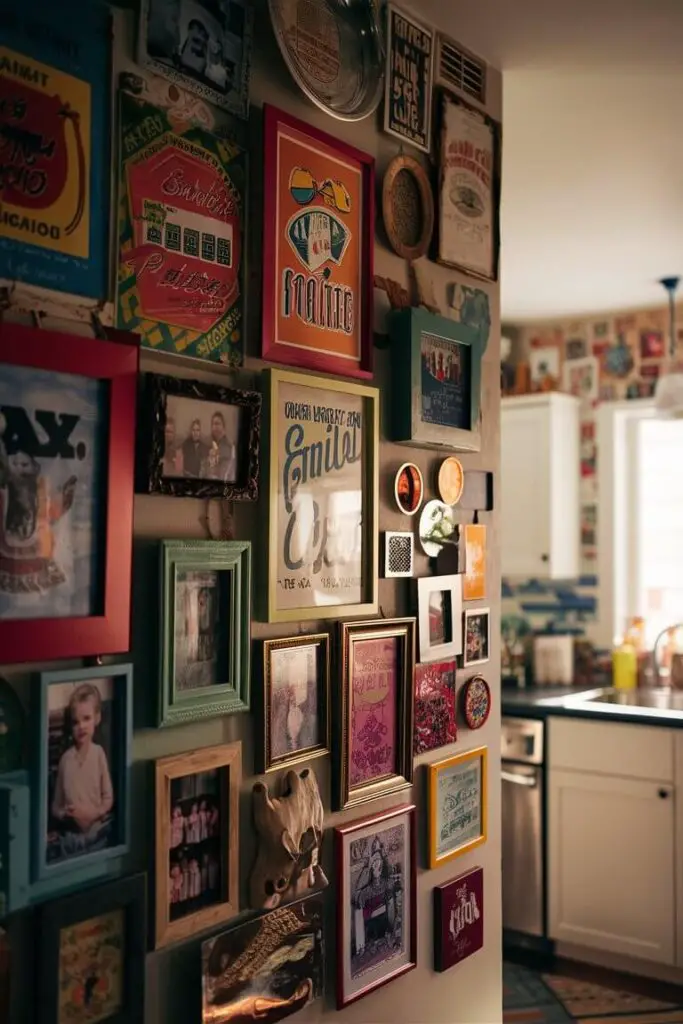 A vivid, intimate snapshot of a kitchen wall, adorned with an eclectic mix of vintage posters, modern prints, and cherished family photos in a myriad of colorful frames. The wall art, ranging from quirky to sentimental, creates a warm and personalized atmosphere. The space is illuminated by soft, natural light streaming in from a nearby window, further enhancing the vibrant and inviting ambiance of the room.