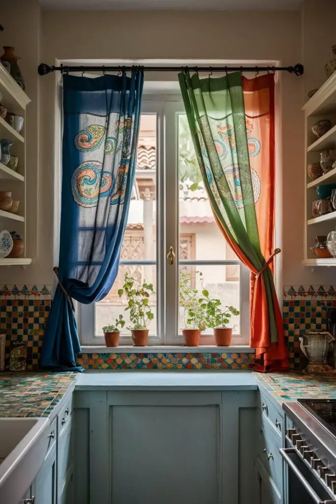 In the heart of a vibrant kitchen, a window is the focal point, adorned with playful, vibrant curtains in shades of deep blue, lively green, and warm orange. The curtains, made of light, airy fabric, feature a lively tapestry of paisley swirls and geometric shapes. Slightly drawn to the side, the curtains reveal glimpses of daylight and exterior greenery. The windowsill showcases small potted herbs, blending indoor and outdoor elements.

The mosaic of colorful tiles lines the countertop, complementing the window's curtains. Soft, neutral walls provide a canvas for the curtains and decorations to shine without overpowering the space. Vintage kitchenware and mismatched ceramic dishes fill the shelves, adding character to the kitchen's eclectic charm. A sleek