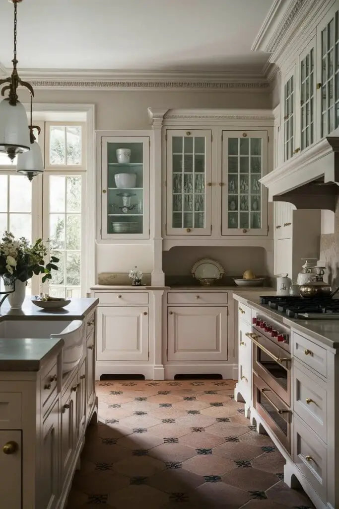 A close-up photograph of a hyper realistic light and airy Edwardian kitchen with white or pastel cabinetry and refined moldings. The room features natural stone countertops and a butler’s pantry. Glass-front cabinets display fine china, while elegant lighting fixtures provide a sophisticated ambiance.