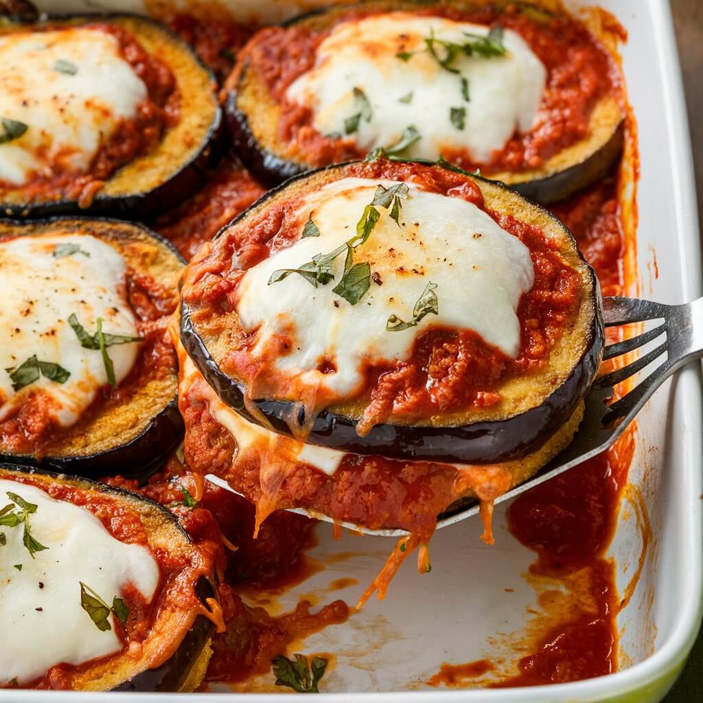 The image depicts a freshly prepared dish of Eggplant Parmesan. The dish is shown in a white rectangular baking dish, with one piece being lifted out with a metal spatula. The eggplant slices are breaded, fried, and then layered with marinara sauce and melted cheese, most likely mozzarella and Parmesan. Fresh herbs, possibly basil or parsley, are sprinkled on top. The eggplant slices are golden brown and the cheese is melted and slightly browned, indicating it has been baked to perfection. The sauce looks rich and flavorful, coating the eggplant slices and pooling slightly at the bottom of the dish. The presentation suggests a warm, comforting meal with a crispy, cheesy exterior and a tender, flavorful interior.