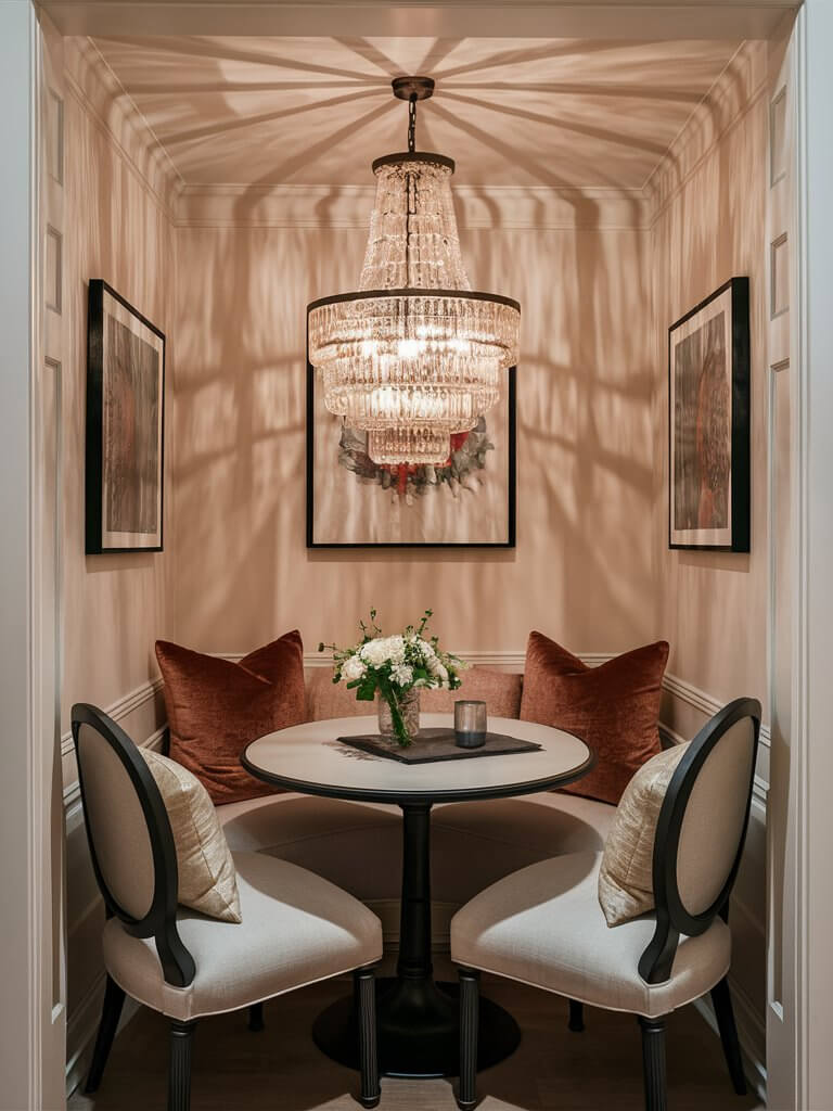 A photo of a beautifully designed small breakfast nook, featuring a round table with elegant upholstered chairs. The seating area is adorned with a sophisticated chandelier, casting a warm and inviting glow over the space. The walls are adorned with tasteful artwork, and the chairs are accented with plush cushions in rich and chic colors. The overall ambiance of the room is cozy, refined, and perfect for a relaxing morning.