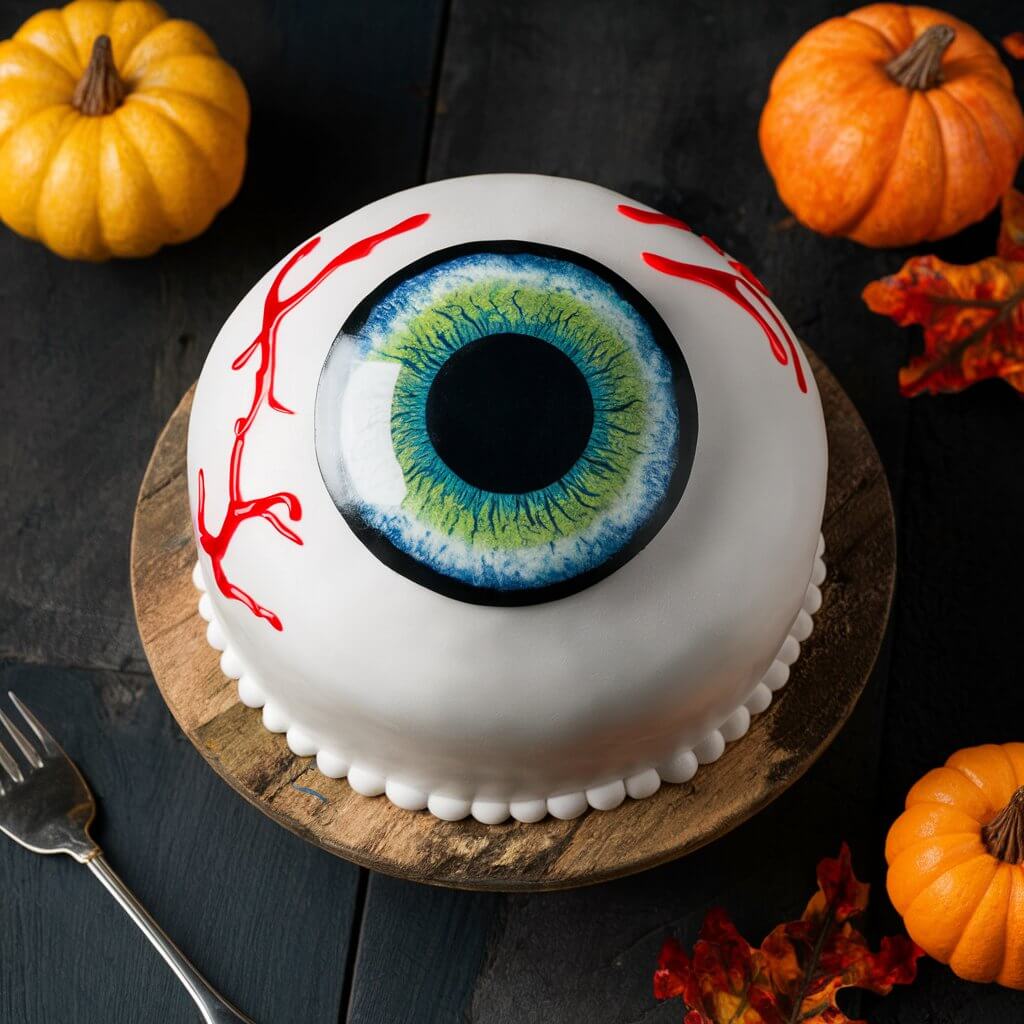 A creepy Halloween cake covered in white fondant, shaped like a giant eyeball. It features a colorful iris and black pupil, with red gel bloodshot veins for added horror.