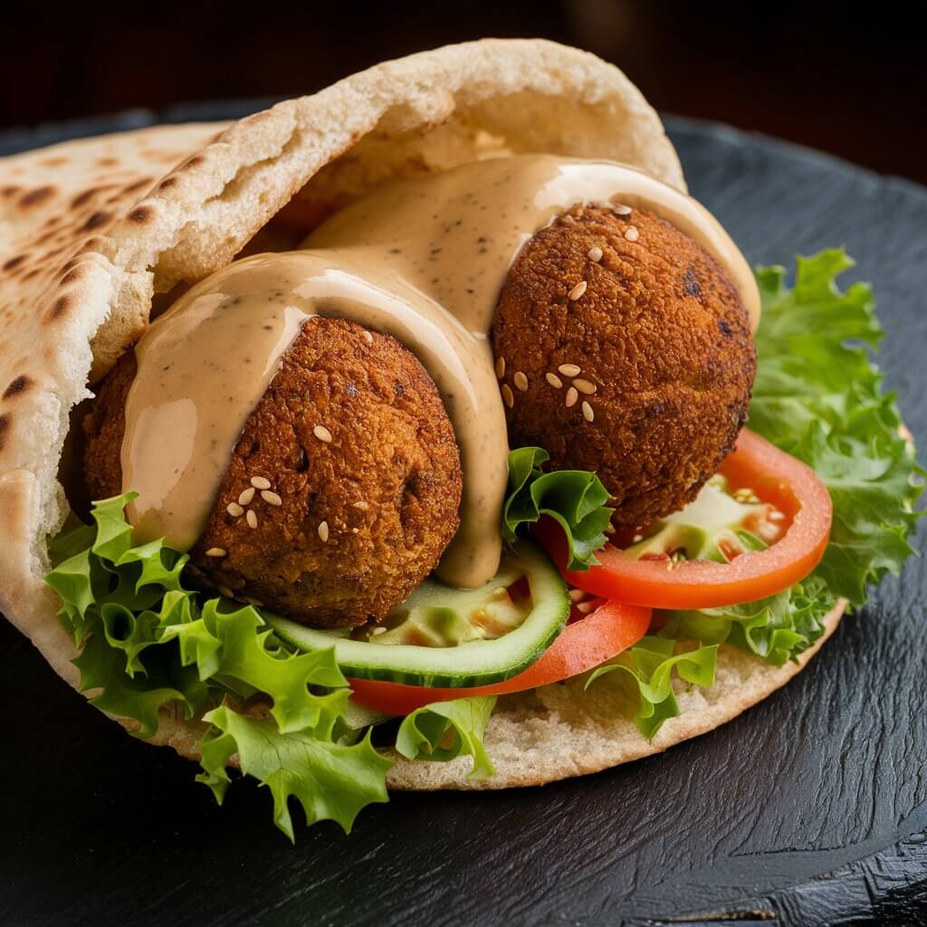 In the center of the image, a freshly baked pita bread is gently opened, revealing two golden-brown falafel balls nestled within. The falafel, perfectly crispy on the outside and tender inside, exude a tantalizing aroma. Each falafel ball is speckled with sesame seeds, adding a rustic charm to their appearance.

Draped generously over the falafel is a velvety stream of tahini sauce, its creamy texture contrasting with the crispy falafel. The sauce glistens under the light, hinting at its nutty undertones.

Around the falafel, a vibrant assortment of fresh vegetables creates a colorful border. Crisp lettuce leaves, thinly sliced tomatoes, and crunchy cucumber slices intertwine, offering a burst of freshness against the warm, savory backdrop of the falafel and pita.

The pita itself, slightly toasted and soft to the touch, cradles the contents delicately, ready to be folded and savored. Its edges show slight charring, adding a hint of smokiness to the ensemble.

In the background, a hint of green herbs, possibly parsley or cilantro, adds a final touch of freshness, completing the picturesque arrangement of this iconic Middle Eastern dish.