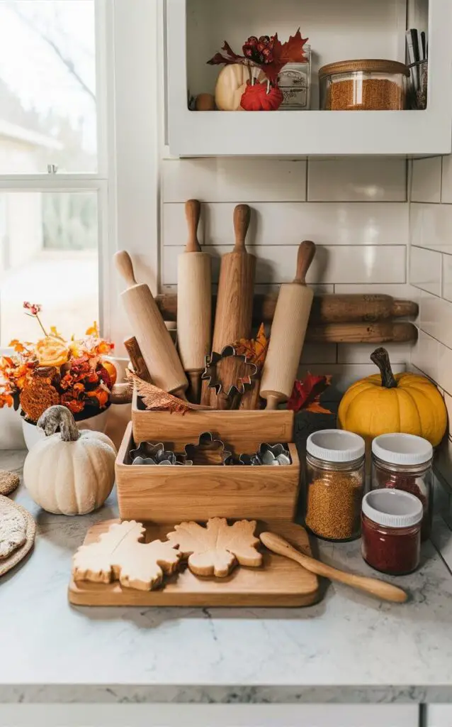 A baking station set up with fall baking essentials, including rolling pins, autumn-shaped cookie cutters, and jars filled with baking spices. This station inspires seasonal treats and adds to the kitchen's fall decor.