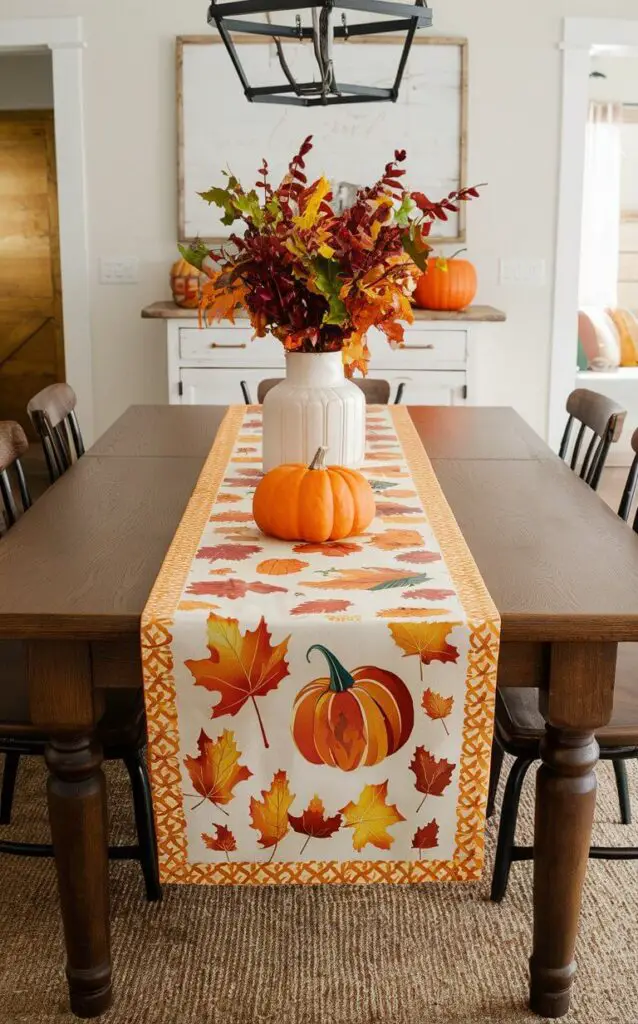 A festive table runner with fall motifs like leaves and pumpkins laid on a dining table or kitchen island. This simple addition transforms the space into a fall decor haven.