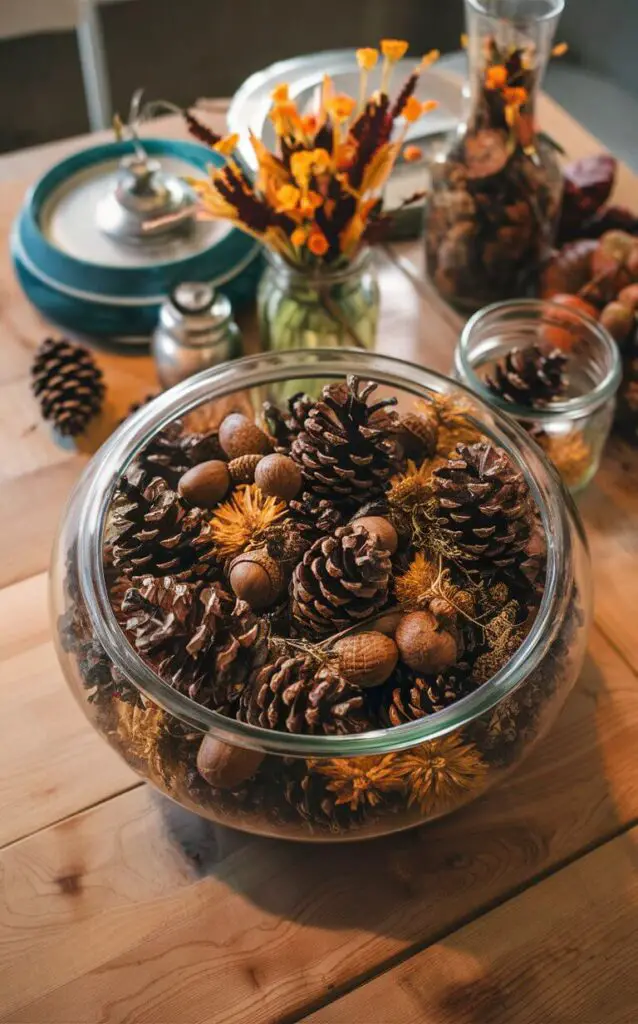 Bowls, jars, and centerpieces filled with natural elements like pinecones, acorns, and dried flowers. These items bring the beauty of the season indoors, enhancing the fall decor.