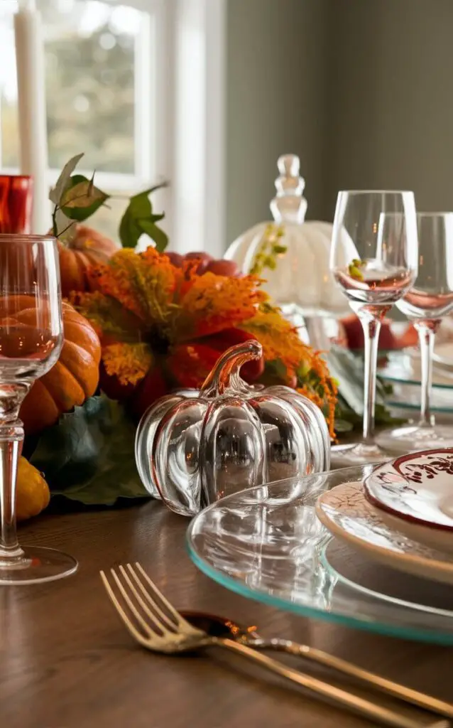 A close-up of a dining table featuring glass elements as part of the fall decor. Clear vases, glass chargers, and decorative glass pumpkins add an elegant and airy feel, reflecting light beautifully and contrasting with the rich, warm tones of autumn.